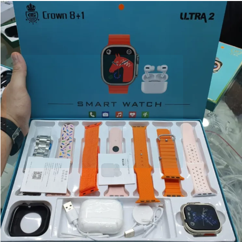 Crown 8 in 1smart watch with 7 different straps in Random Color